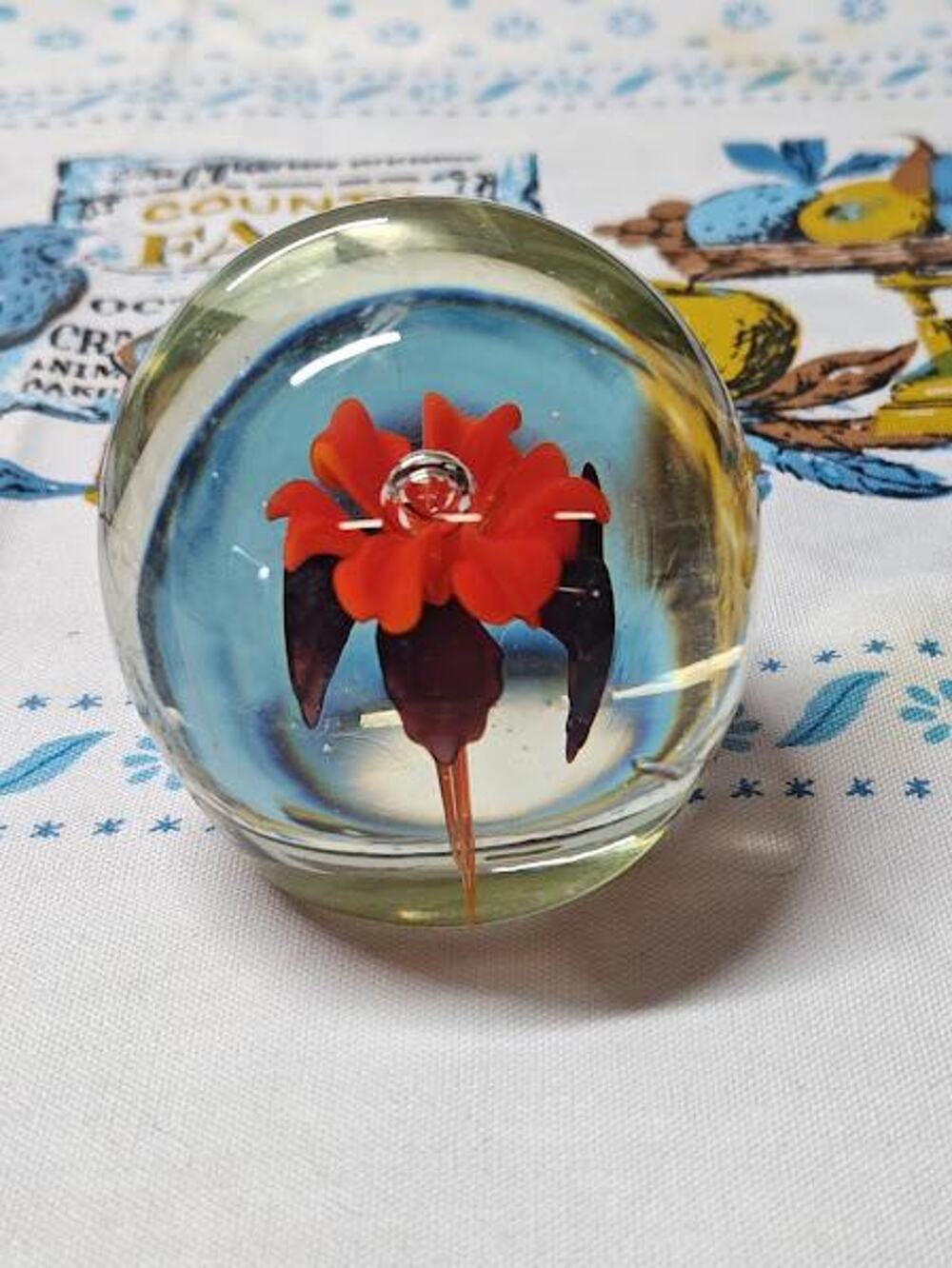 Vintage Art Glass Paperweight Black Orange Flower Controlled Bubble